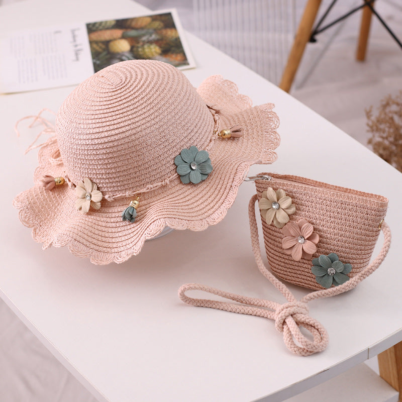 Two-Piece Sets Tassel Flower Straw Beach Hat and Bag For Kids