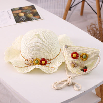 Kids Large Brim Flower Beach Sun Hats Tea Party Hats Sun Hat Set Straw Hats  for Kids Beach Hat with Shoulder Bag